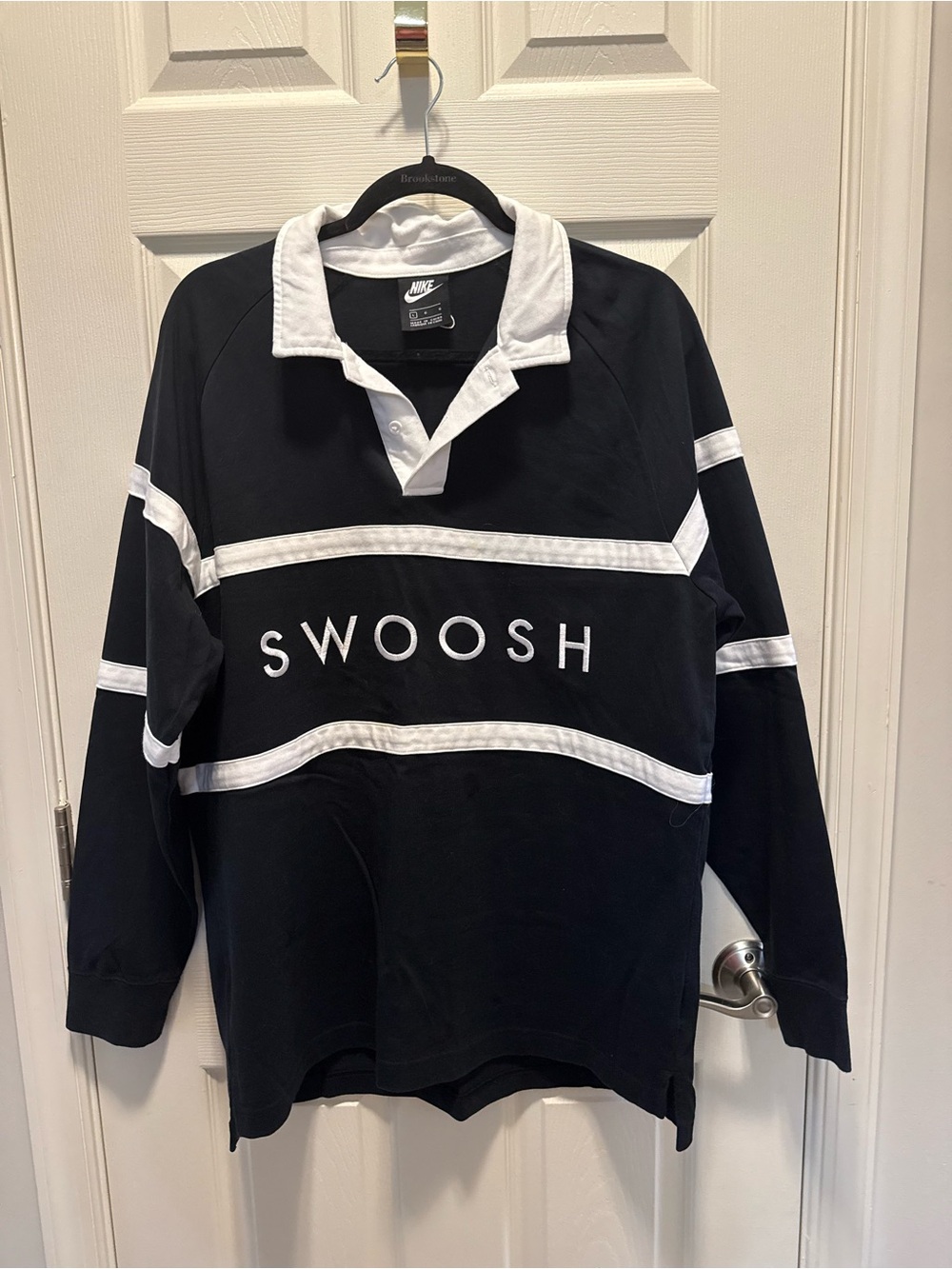 Nike Black & White Swoosh Rugby Crewneck Sweatshirt